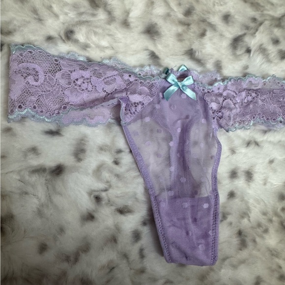 Victoria secret thong panties purple polka dot mesh light baby blue ribbon bow - Picture 4 of 8